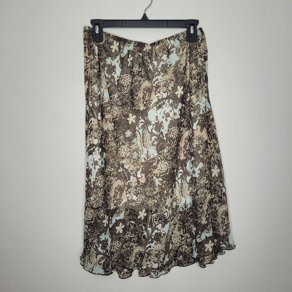 Notations blue brown grunge abstract floral print pull on a line knee skirt Med - Picture 1 of 7